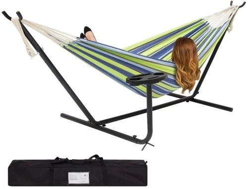 Double Outdoor Hammock Set w/ Steel Stand, Cup Holder, Tray, and Carrying Bag - Blue/Green Stripe,APPEARS NEW - Lot 159