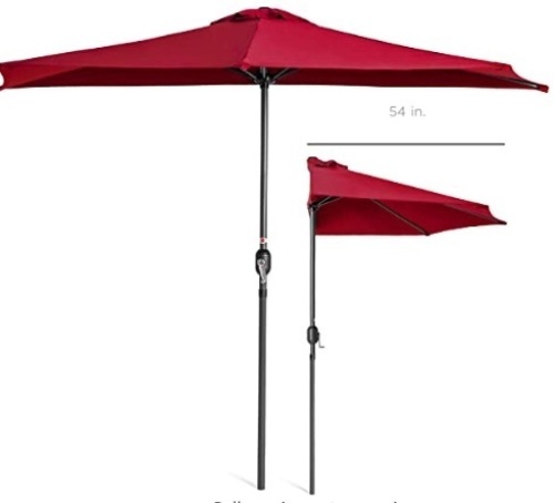 Best Choice Products 7.5ft Steel Half Patio Umbrella for Backyard, Deck, Garden , Crank Mechanism, UV- and Water-Resistant Fabric - Red,NEW - Lot 76
