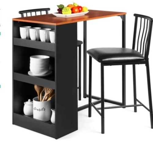 3-Piece Counter Height Kitchen Dining Table Set w/ Storage Shelves,E-COMMERCE RETURN - Lot 156