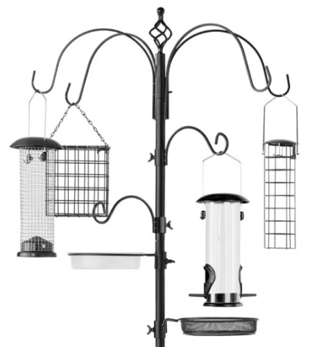 Bird Feeding Station, 6-Hook Steel Multi-Feeder Stand w/ 4 Feeders - 89in,APPEARS NEW - Lot 153