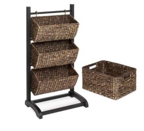 Best Choice Products 3-Tier Water Hyacinth Floor Rack Stand Organizer, Tower Cubby Display w/Hanging Storage Baskets, Metal Frame, Brown,NEW - Lot 248