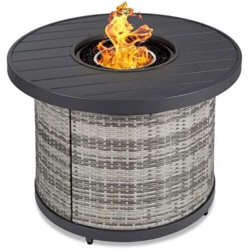 Round Fire Pit Table, 50,000 BTU Outdoor Wicker Firepit w/ Cover - 32in - Lot 90