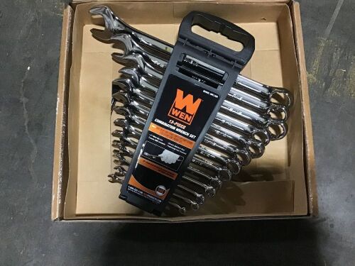 WEN WR130A 13-Piece Professional-Grade SAE Combination Wrench Set with Storage Rack & WEN WR162M 16-Piece Professional-Grade Reversible Ratcheting Metric Combination Wrench Set with Storage Pouch  - Lot 1125