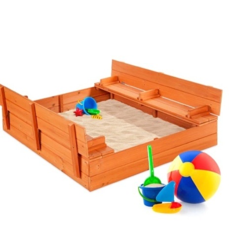 Kids Cedar Sandbox w/ Sand screen, 2 Benches, 47x47in, Appears New