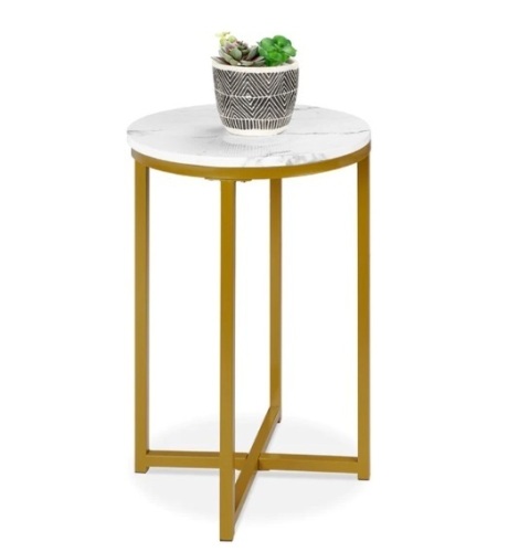 Round Coffee Side Table w/ Faux Marble Top, Metal Frame - 16in, Appears New