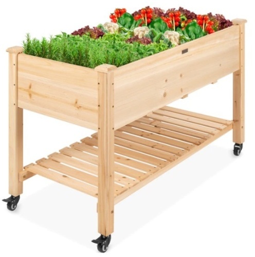 Mobile Raised Garden Bed Elevated Wood Planter w/ Wheels, Storage Shelf, Appears New