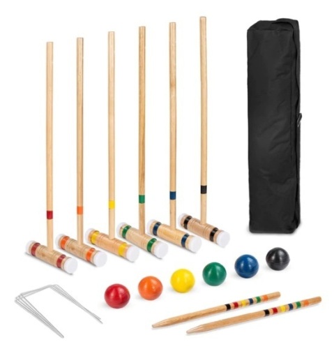 6-Player Wood Croquet Set w/ 6 Mallets, 6 Balls, Wickets, Stakes, Bag - 32in, Appears New