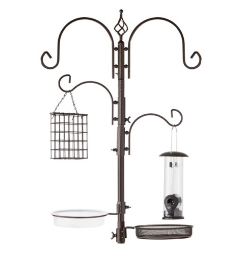 4-Hook Bird Feeding Station, Steel Feeder Stand w/ 2 Bird Feeders - 91in, Appears New