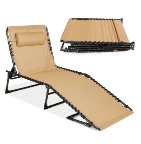 Portable Patio Chaise Lounge Chair Outdoor Recliner w/ Pillow, Tan - Lot 6