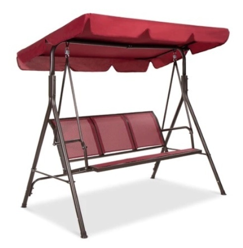 3-Seater Outdoor Canopy Swing Glider Bench w/ Textilene Fabric, Steel Frame, Burgundy - Lot 14