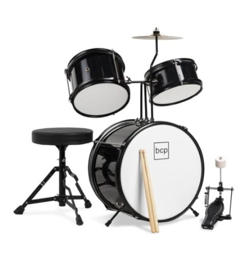 Kids Beginner 3-Piece Drum, Musical Instrument Set w/ Sticks, Stool, Pedal, Black - Lot 15