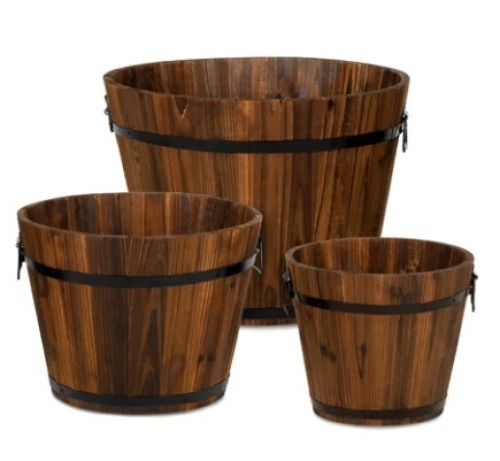 Set of 3 Rustic Wood Bucket Barrel Garden Planters Set w/ Drainage Holes - Lot 19
