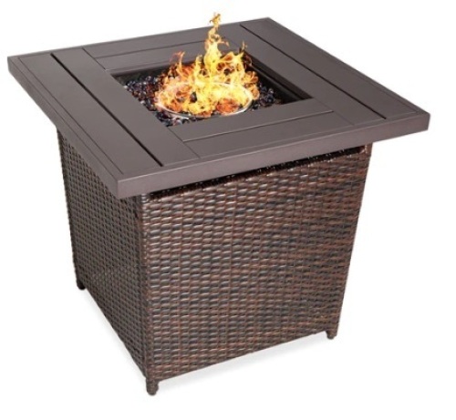 28in Fire Pit Table 50,000 BTU Wicker Propane w/ Faux Wood Tabletop, Cover - Lot 24