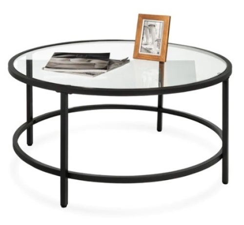 Round Tempered Glass Coffee Table w/ Steel Frame, 36in, Black, Appears New - Lot 25