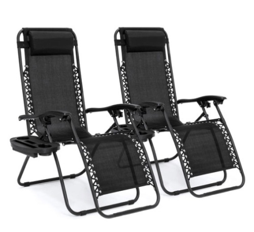 Set of 2 Adjustable Zero Gravity Patio Chair Recliners w/ Cup Holders, Black - Lot 104