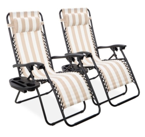 Set of 2 Adjustable Zero Gravity Patio Chair Recliners w/ Cup Holders, Tan Striped - Lot 105