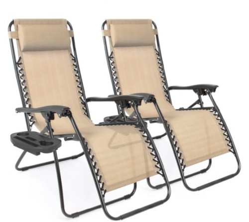 Set of 2 Adjustable Zero Gravity Patio Chair Recliners w/ Cup Holders, Sand - Lot 107