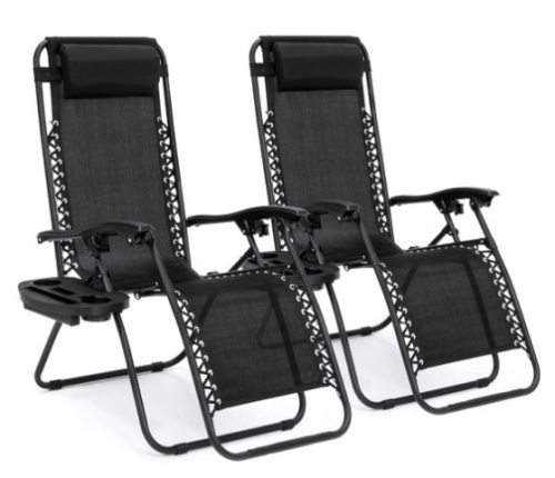 Set of 2 Adjustable Zero Gravity Patio Chair Recliners w/ Cup Holders, Black - Lot 108
