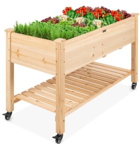 Mobile Raised Garden Bed Elevated Wood Planter w/ Wheels, Storage Shelf - Lot 110