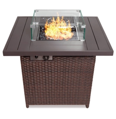 32in Fire Pit Table 50,000 BTU Wicker Propane w/ Wind Guard, Cover, Brown - Lot 116