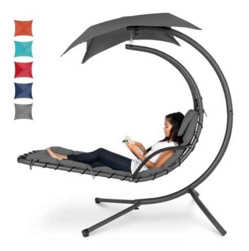 Hanging Curved Chaise Lounge Chair w/ Built-In Pillow, Removable Canopy, Charcoal Gray - Lot 119