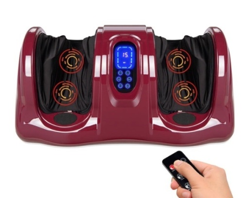 Therapeutic Foot Massager w/ High Intensity Rollers, Remote, 3 Modes, Burgundy - Lot 120