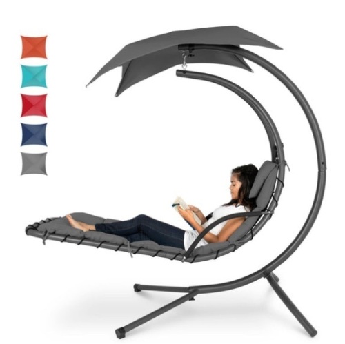 Hanging Curved Chaise Lounge Chair w/ Built-In Pillow, Removable Canopy, Charcoal Gray - Lot 121