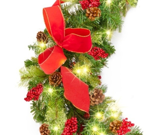 Pre-Lit Garland, Battery Powered w/ 100 Lights, 180 Tips, Pine Cones - 9ft - Lot 123