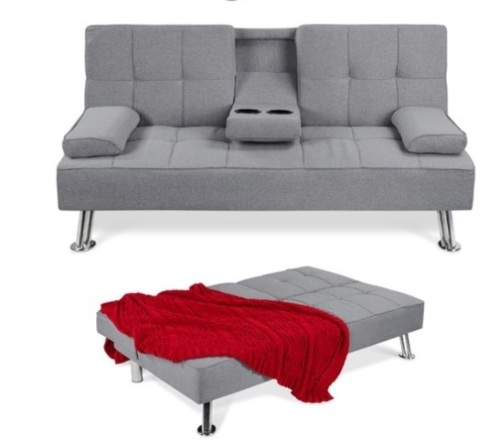 Linen Upholstered Convertible Sofa Bed Futon w/ 2 Cupholders, Gray - Lot 127