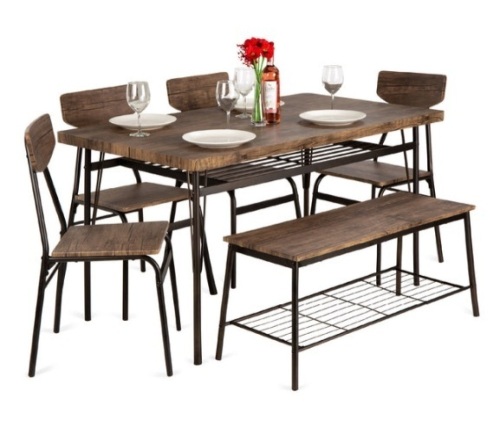 6-Piece Modern Dining Set w/ Storage Racks, Table, Bench, 4 Chairs - 55in - Lot 128