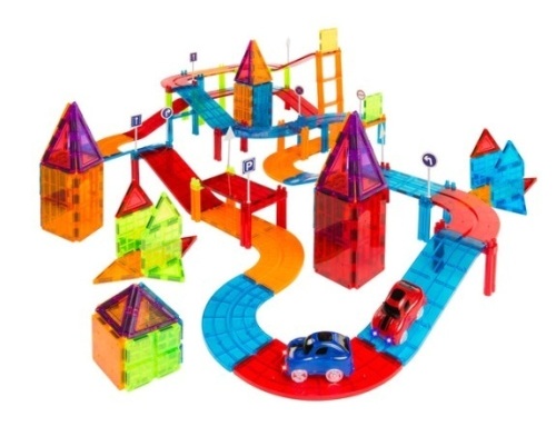212-Piece Kids Magnetic Tile Car Race Track STEM Building Toy Set w/ 2 Cars - Lot 131