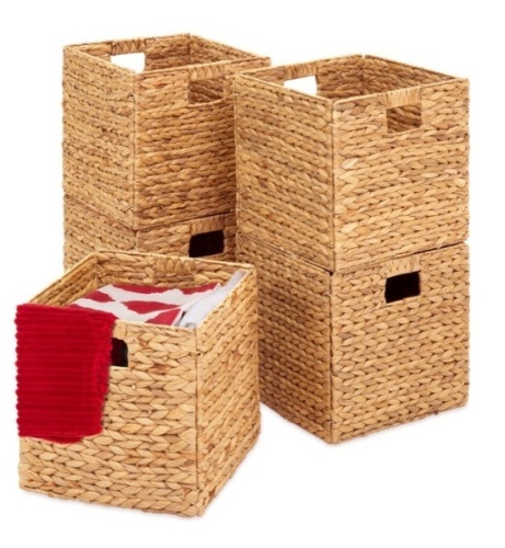 Set of 5 Collapsible Hyacinth Storage Baskets w/ Inserts - 10.5x10.5in, Natural - Lot 132