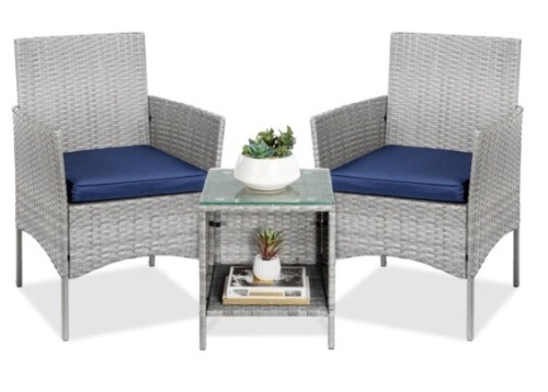 3-Piece Outdoor Patio Wicker Bistro Set w/ Side Storage Table, Gray/Navy - Lot 136