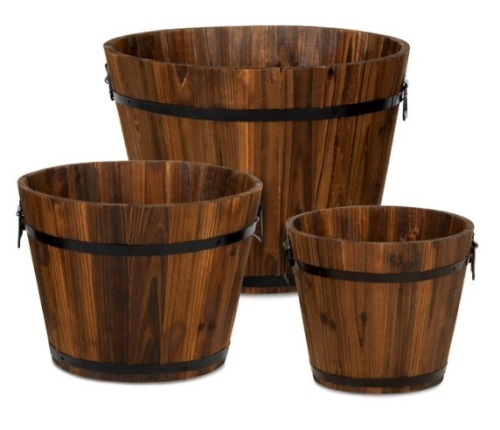 Set of 3 Rustic Wood Bucket Barrel Garden Planters Set w/ Drainage Holes - Lot 143