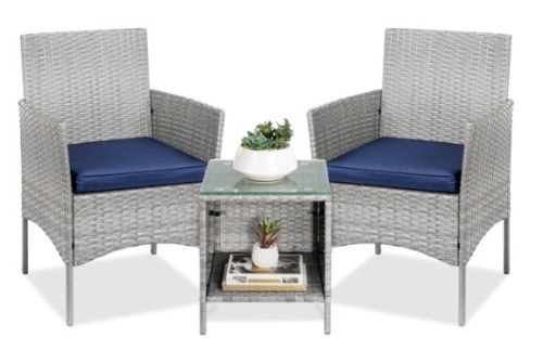 3-Piece Outdoor Patio Wicker Bistro Set w/ Side Storage Table, Gray/Navy - Lot 145