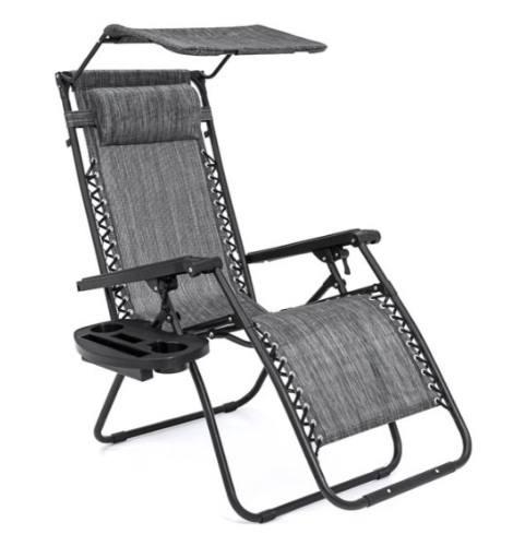Folding Zero Gravity Recliner Patio Lounge Chair w/ Canopy, Side Tray, Gray - Lot 149
