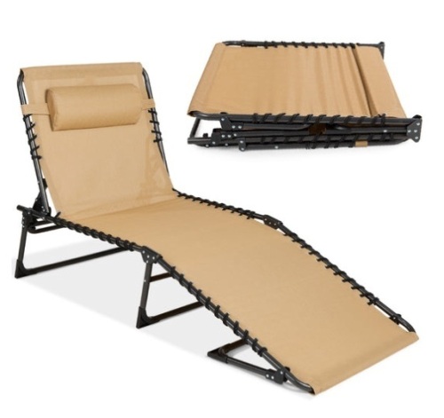 Portable Patio Chaise Lounge Chair Outdoor Recliner w/ Pillow, Tan - Lot 153