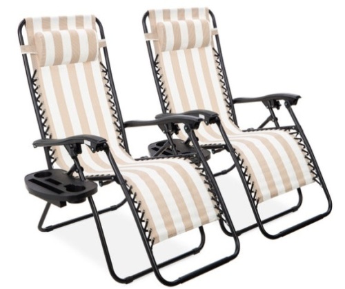 Set of 2 Adjustable Zero Gravity Patio Chair Recliners w/ Cup Holders, Tan Striped - Lot 158