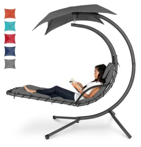 Hanging Curved Chaise Lounge Chair w/ Built-In Pillow, Removable Canopy, Charcoal Gray - Lot 159
