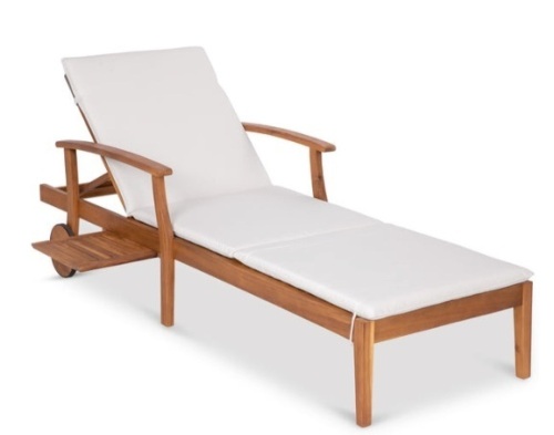 Adjustable Acacia Wood Chaise Lounge Chair w/ Side Table, Wheels - 79x26in, Cream - Lot 162