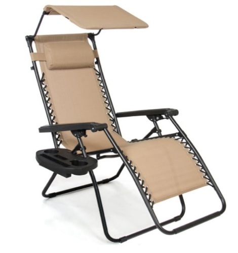 Folding Zero Gravity Recliner Patio Lounge Chair w/ Canopy, Side Tray, Beige - Lot 163
