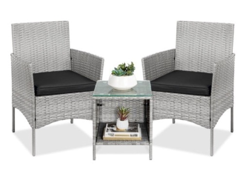 3-Piece Outdoor Patio Wicker Bistro Set w/ Side Storage Table, Gray/Black - Lot 165