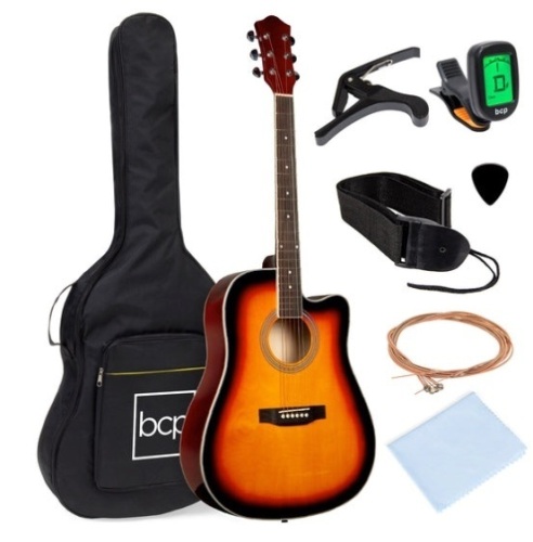 Full Size Beginner Acoustic Guitar Set with Case, Strap, Capo - 41in, Sunburst - Lot 170