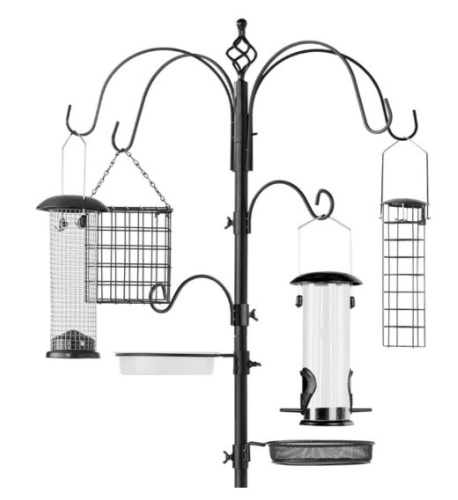 Bird Feeding Station, 6-Hook Steel Multi-Feeder Stand w/ 4 Feeders - 89in, Black - Lot 171