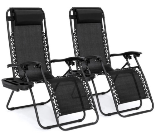Set of 2 Adjustable Zero Gravity Patio Chair Recliners w/ Cup Holders, Black - Lot 176
