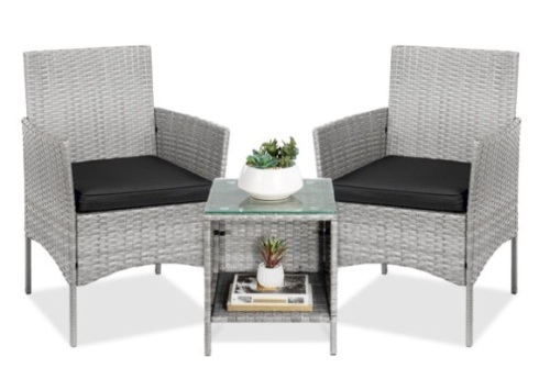 3-Piece Outdoor Patio Wicker Bistro Set w/ Side Storage Table, Gray/Black - Lot 187