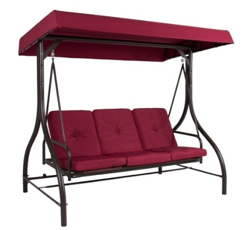 3-Seat Outdoor Canopy Swing Glider Furniture w/ Converting Flatbed Backrest, Burgundy - Lot 194