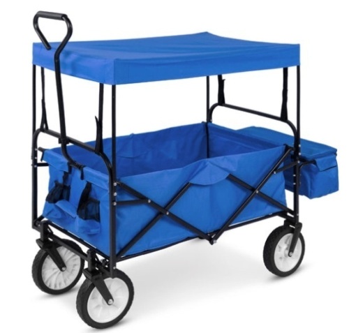 Utility Wagon Cart w/ Folding Design, 2 Cup Holders, Removable Canopy, Blue - Lot 198