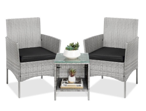 3-Piece Outdoor Patio Wicker Bistro Set w/ Side Storage Table, Gray/Black - Lot 200
