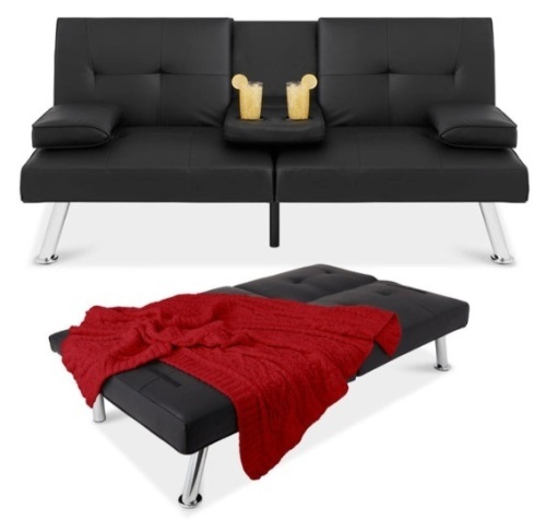 Faux Leather Upholstered Convertible Sofa Bed Futon w/ 2 Cupholders, Black - Lot 201